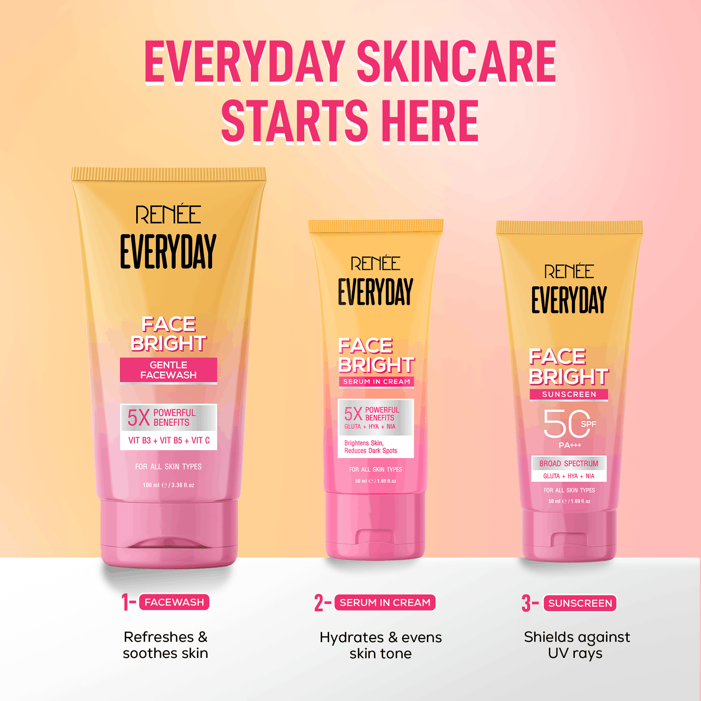 RENEE Everyday Face Bright Skincare Combo With Face Wash, Serum In Cream & In-Vivo Tested Sunscreen SPF 50 PA+++